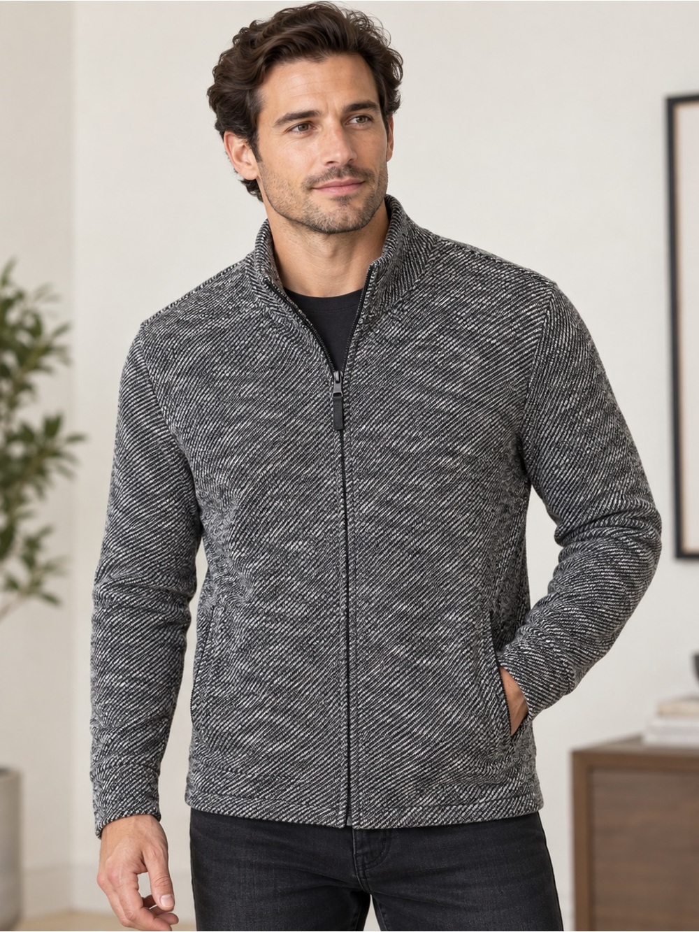 Marc Anthony Luxury Men’s L Slim Fit Full Zip Sweater Jacket Gray Black